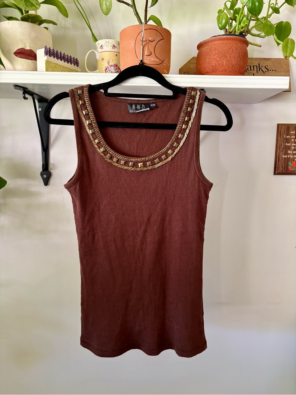 Brown Embellished Scoop Neck Tank Top